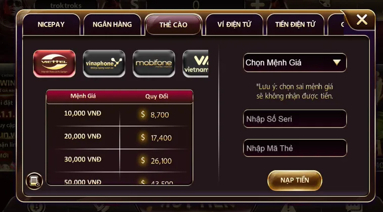 Nạp tiền thẻ cào an toàn bảo mật tiện lợi nhanh chóng.